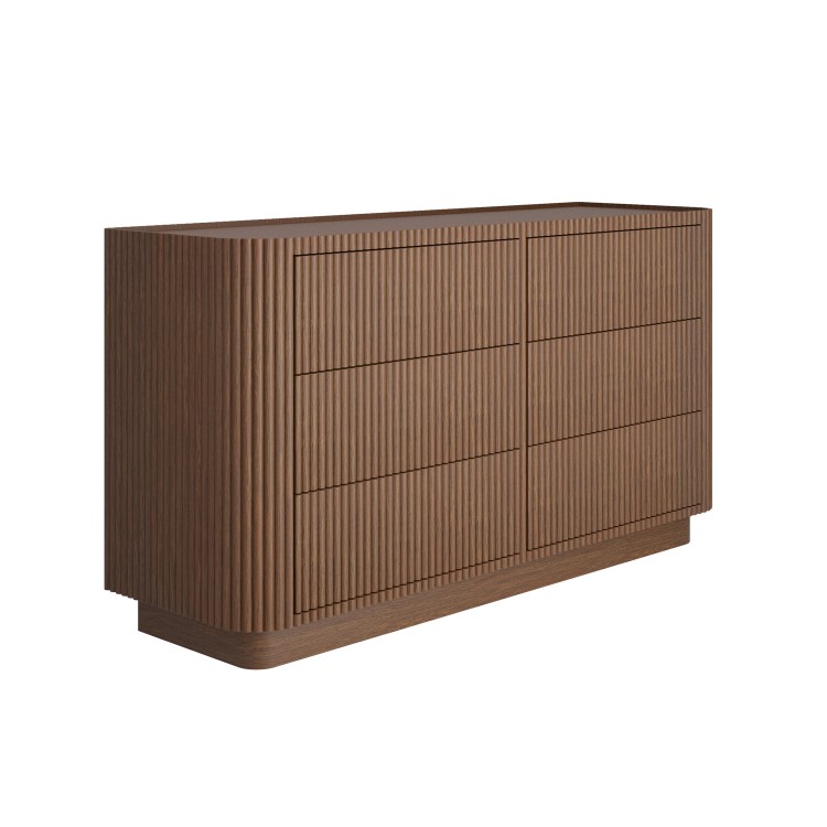 Walnut Ribbed 6 Drawer Wide Chest of Drawers - Fully Assembled - Drew