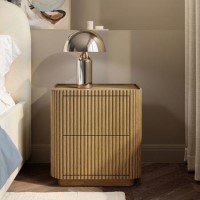 Natural Oak Ribbed 2 Drawer Bedside Table - Fully Assembled - Drew