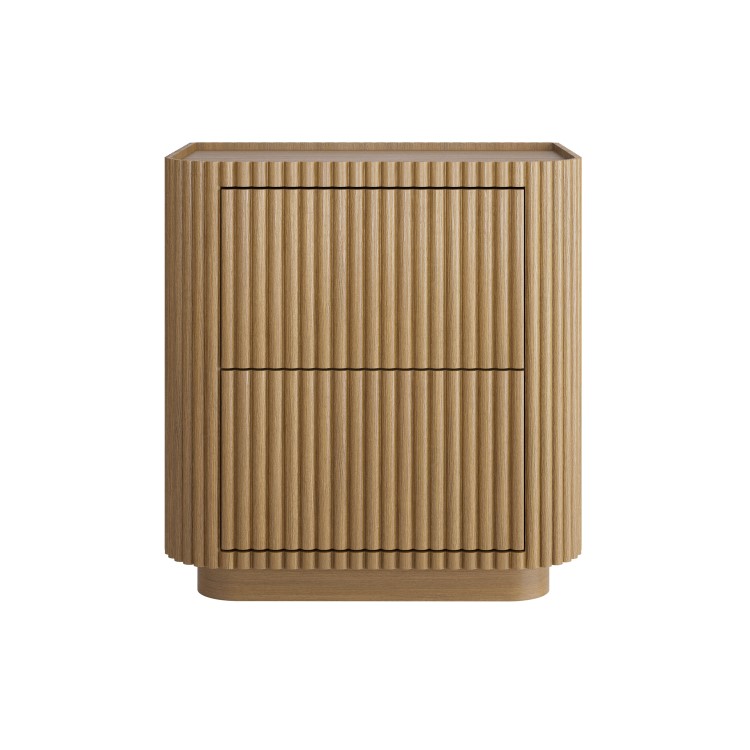 Natural Oak Ribbed 2 Drawer Bedside Table - Fully Assembled - Drew
