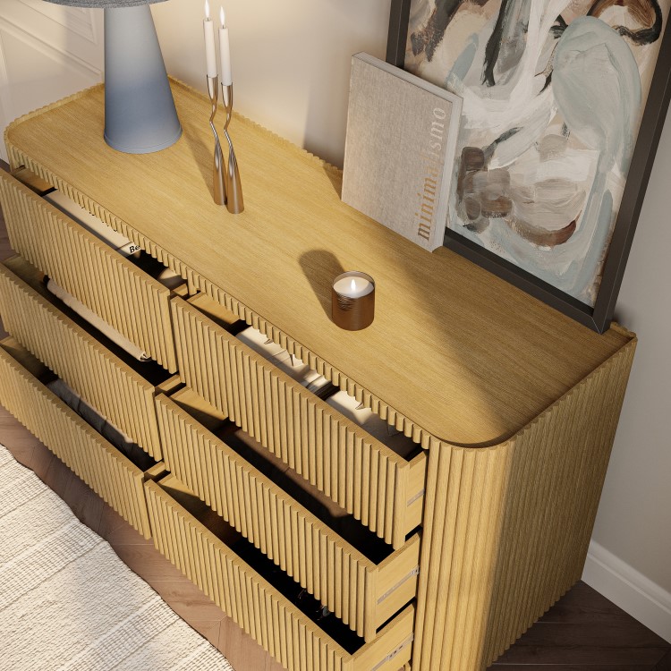 Natural Oak Ribbed 6 Drawer Large Chest of Drawers - Fully Assembled - Drew