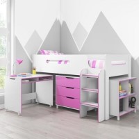 White and Pink Mid Sleeper Cabin Bed with Storage and Desk - Dynamo