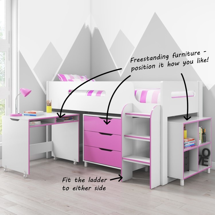 White and Pink Mid Sleeper Cabin Bed with Storage and Desk - Dynamo