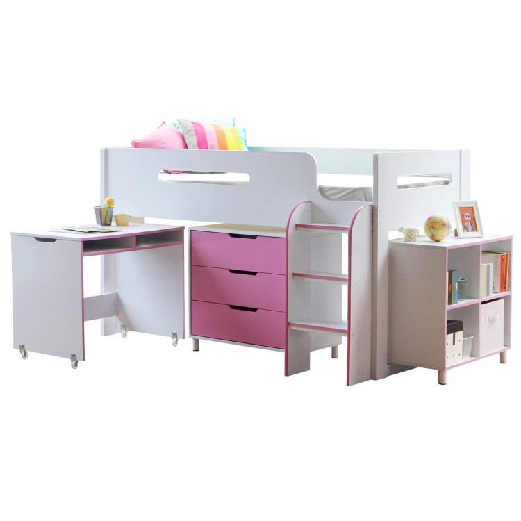 White and Pink Mid Sleeper Cabin Bed with Storage and Desk - Dynamo