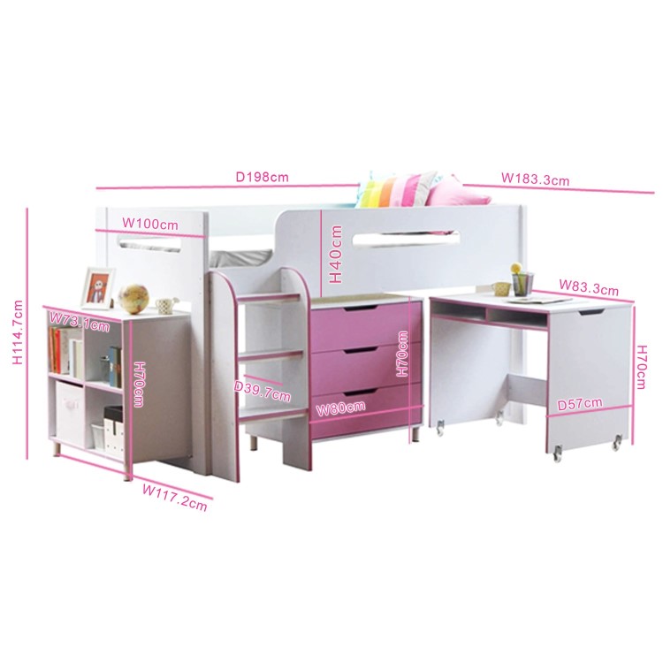 White and Pink Mid Sleeper Cabin Bed with Storage and Desk - Dynamo