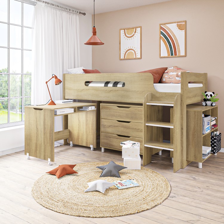 Oak Mid Sleeper Cabin Bed with Storage and Desk - Dynamo