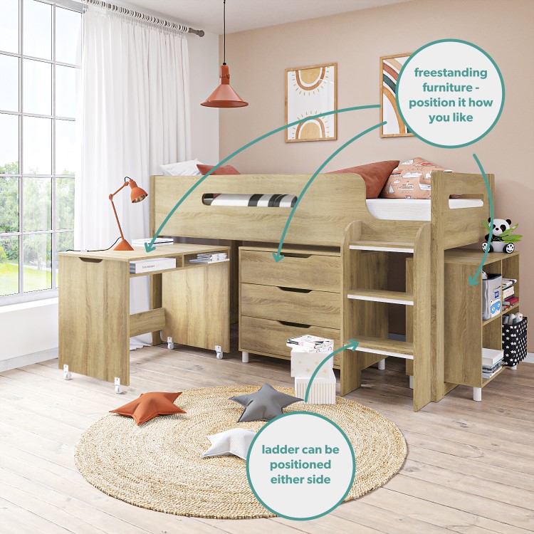 Oak Mid Sleeper Cabin Bed with Storage and Desk - Dynamo