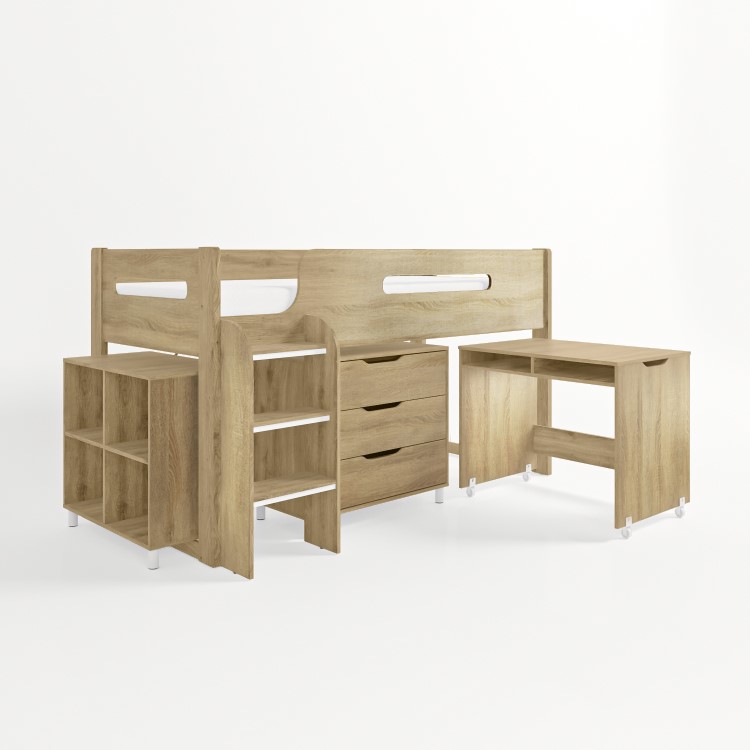 Oak Mid Sleeper Cabin Bed with Storage and Desk - Dynamo