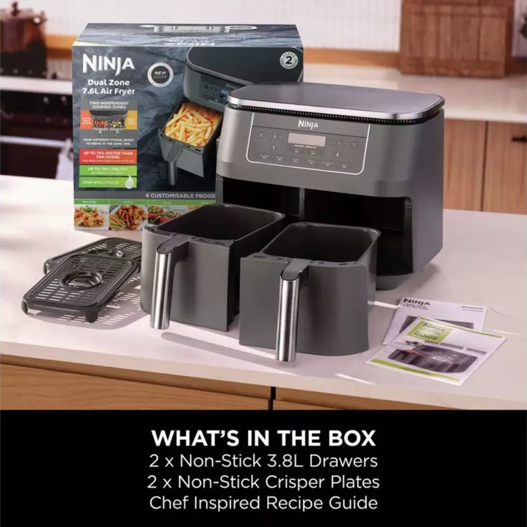 Ninja DZ300UK Dual Zone 6-in-1 7.6L Air Fryer  Gun Metal Grey  Twin Baskets for Healthy Crispy Cooking