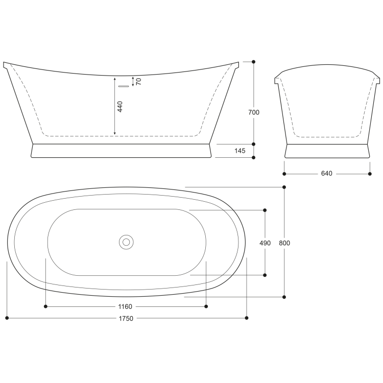 Metallic Freestanding Double Ended Slipper Bath 1750 x 800mm - Elementa