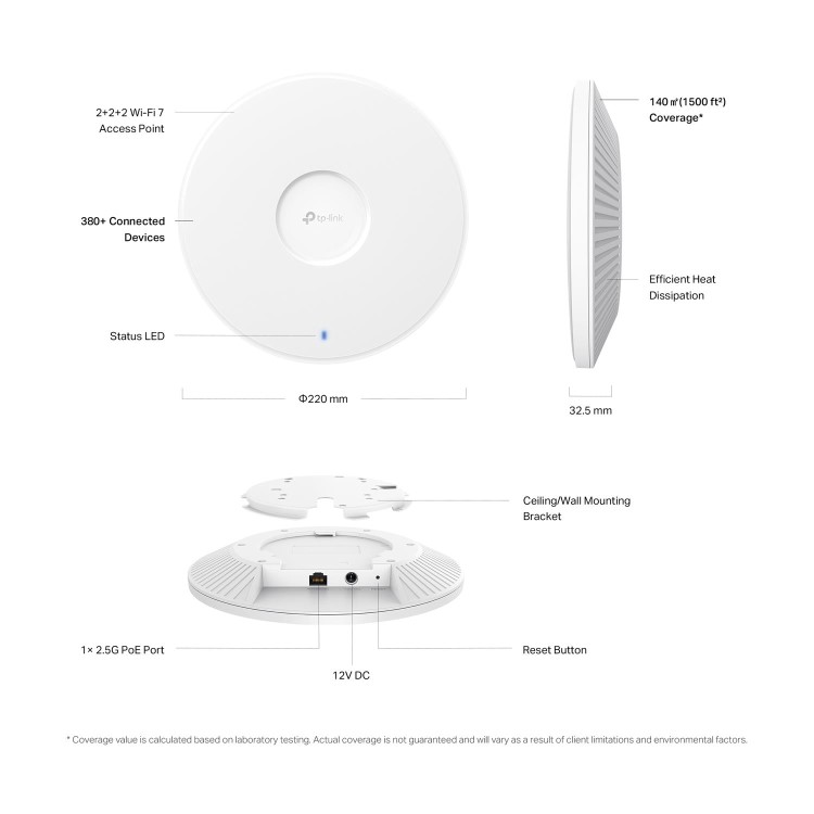 Refurbished TP-Link EAP772 Tri-Band Ceiling Mounted WiFi 7 Access Point 9.2Gbps BE