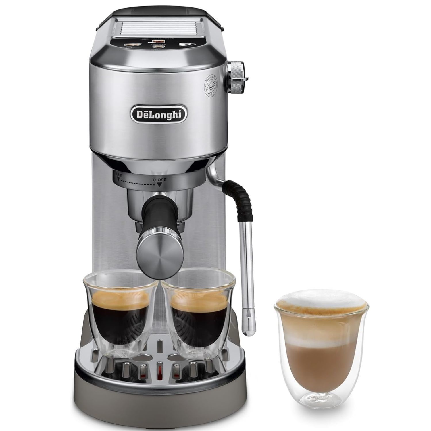 Photograph of closely related regional model — exact US retailer configuration may differ DeLonghi Dedica Duo EC890.M metal espresso maker, studio photo with coffee cups.