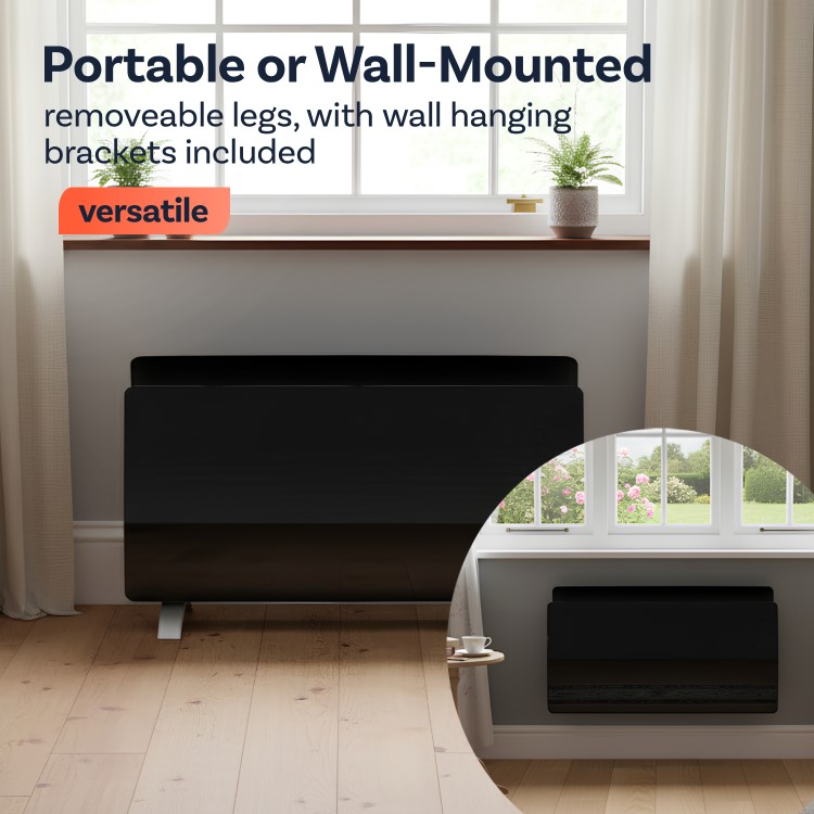 electriQ 2000W Smart Curved Designer Glass Panel Heater - Wall Mountable & Bathroom Safe - Black