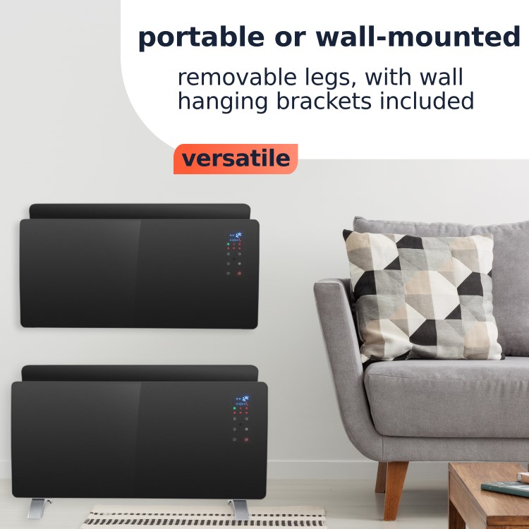 GRADE A1 - electriQ 2000W Smart Curved Designer Glass Panel Heater - Wall Mountable & Bathroom Safe - Black
