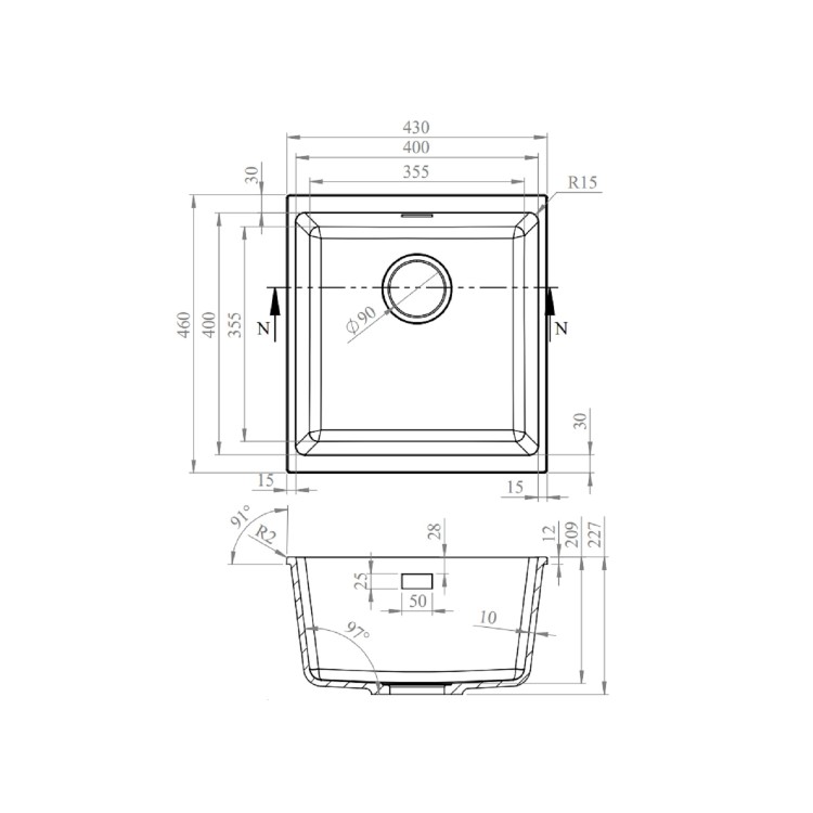 1 Bowl Black Granite Composite Inset or Undermount Kitchen Sink & Waste - 430 x 460mm - Eden
