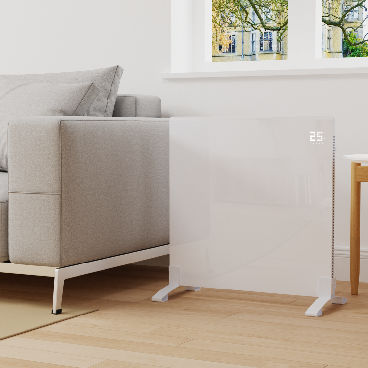 Low Energy 350W Smart Infrared Designer Glass Panel Heater - IP44 Bathroom Safe Wall Mountable or Free Standing 600x600mm - White