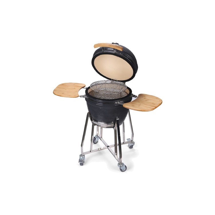 Refurbished Boss Grill EIQEGG 18 Inch Charcoal Ceramic Kamado Style Kettle Grill Egg BBQ in Grey with Wooden Shelves 