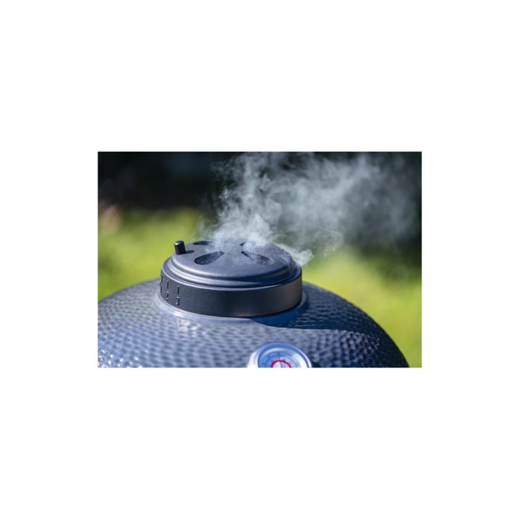 Refurbished Boss Grill EIQEGG 18 Inch Charcoal Ceramic Kamado Style Kettle Grill Egg BBQ in Grey with Wooden Shelves 
