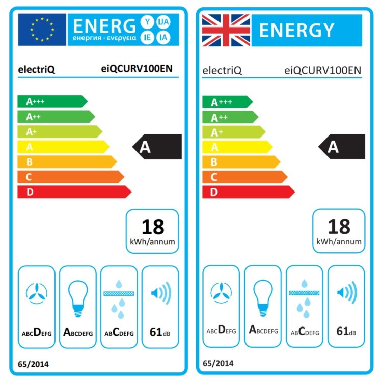 Refurbished electriQ 100cm Curved Glass Chimney Cooker Hood - Stainless Steel
