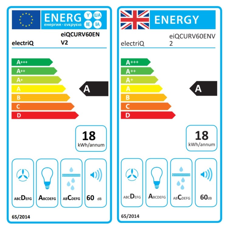 electriQ 60cm Curved Glass Chimney Hood - Stainless Steel