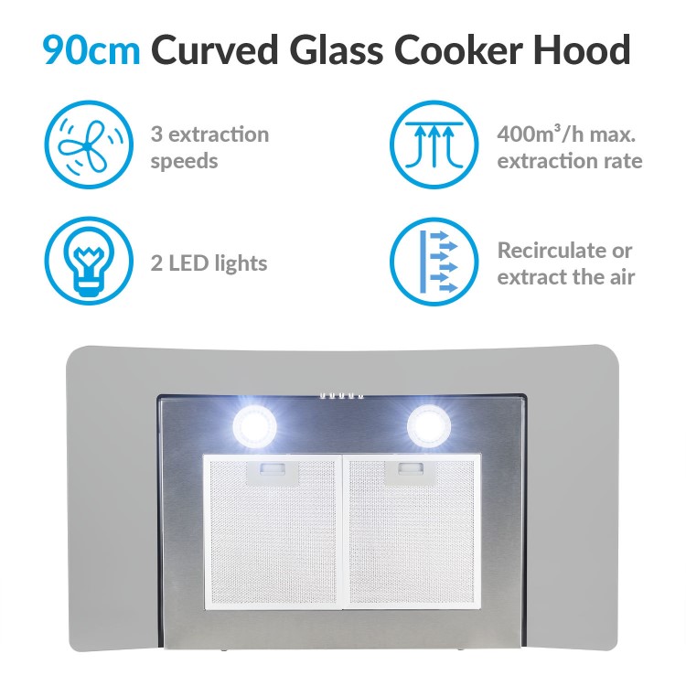 Refurbished electriQ EIQCURV90SC 90cm Curved Glass Chimney Cooker Hood