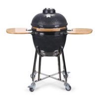 Refurbished Boss Grill EIQEGG 18 Inch Charcoal Ceramic Kamado Style Kettle Grill Egg BBQ in Grey with Wooden Shelves 