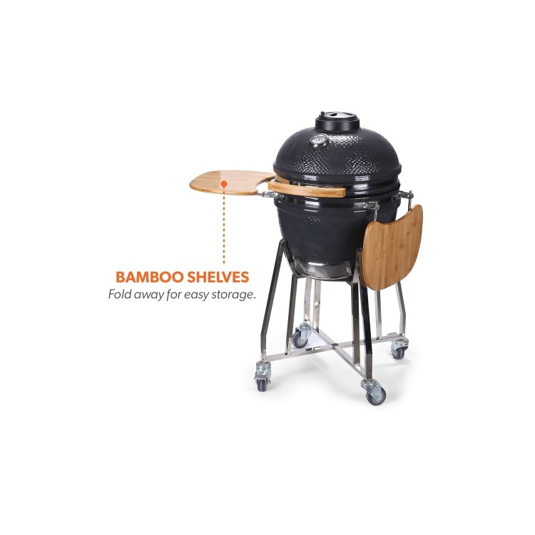 Refurbished Boss Grill EIQEGG 18 Inch Charcoal Ceramic Kamado Style Kettle Grill Egg BBQ in Grey with Wooden Shelves 