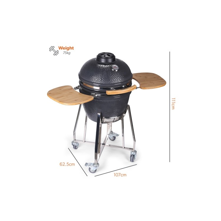 Refurbished Boss Grill EIQEGG 18 Inch Charcoal Ceramic Kamado Style Kettle Grill Egg BBQ in Grey with Wooden Shelves 