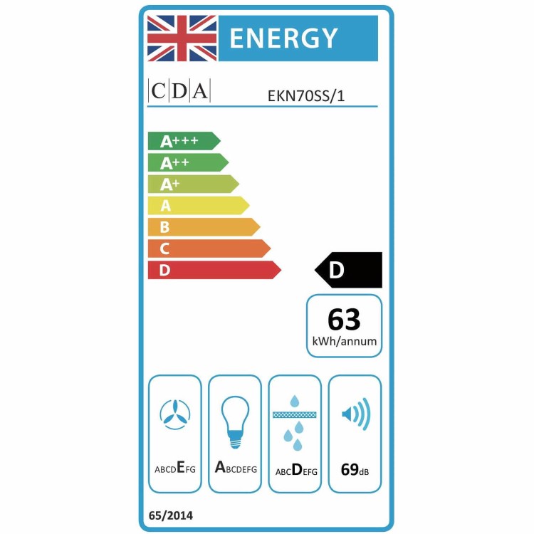 CDA 70cm Flat Glass Chimney Hood with LED Edge Lighting - Stainless Steel