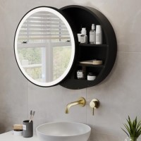 GRADE A1 - Black Sliding Bathroom Mirror Cabinet with Lights 600 x 600mm - Elara