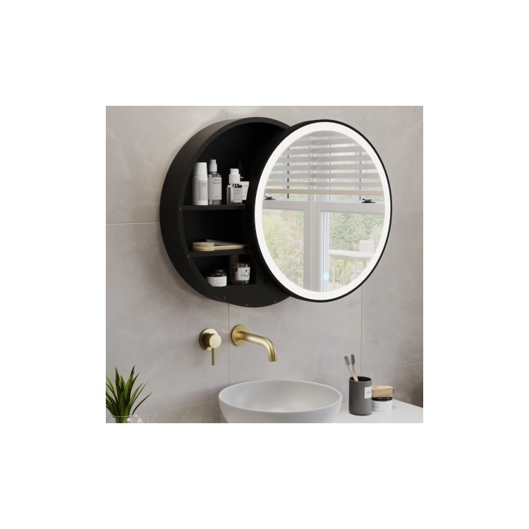 GRADE A1 - Black Sliding Bathroom Mirror Cabinet with Lights 600 x 600mm - Elara