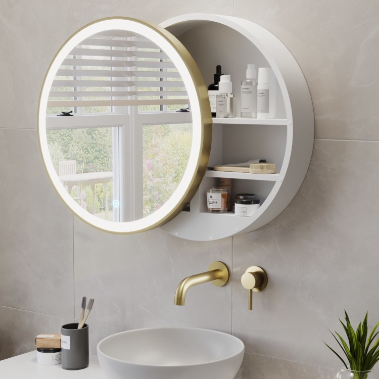 GRADE A1 - Brass Sliding Mirrored Bathroom Cabinet with Lights 600 x 600mm - Elara