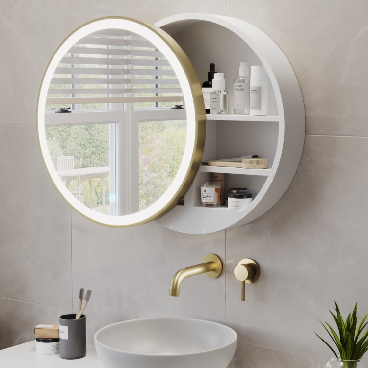 Brass Sliding Round Mirrored Bathroom Cabinet with Lights 600 x 600mm - Elara