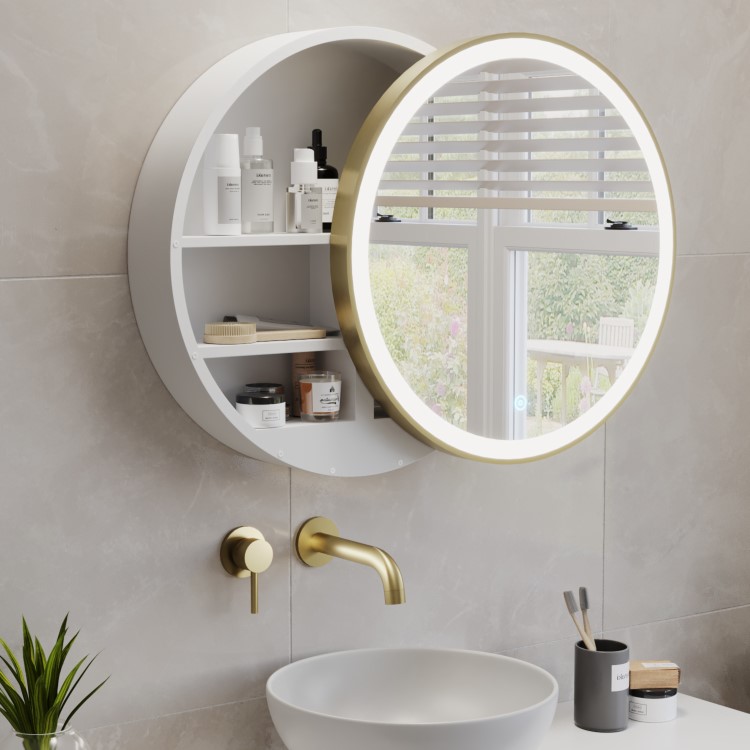 Brass Sliding Round Mirrored Bathroom Cabinet with Lights 600 x 600mm - Elara