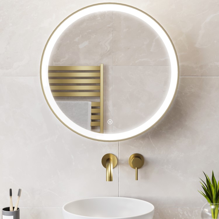 Brass Sliding Round Mirrored Bathroom Cabinet with Lights 600 x 600mm - Elara