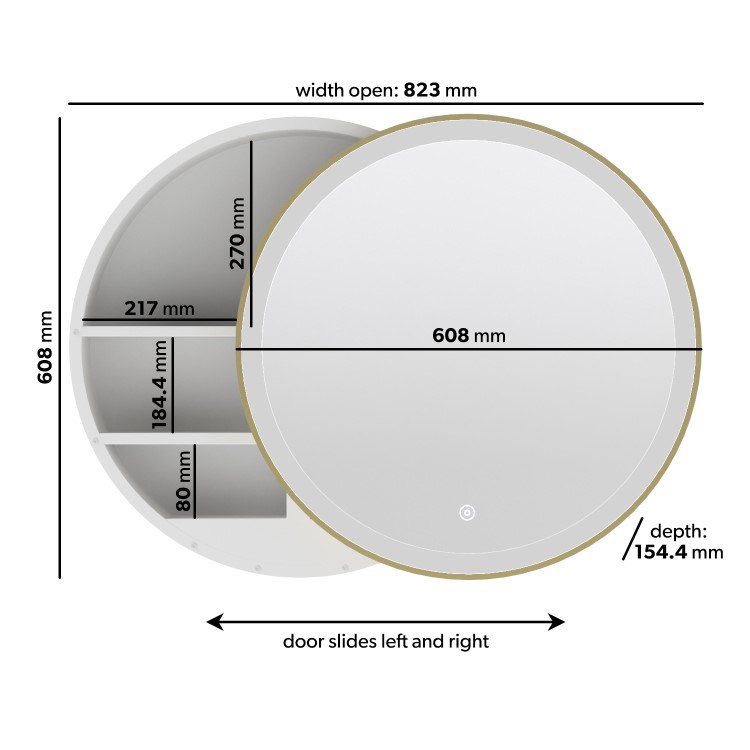 Brass Sliding Round Mirrored Bathroom Cabinet with Lights 600 x 600mm - Elara