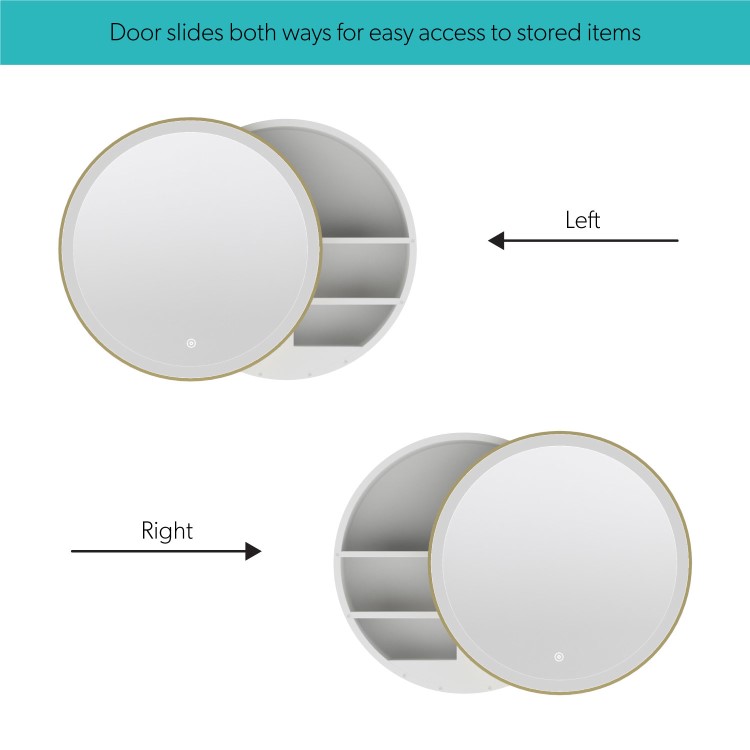 Brass Sliding Round Mirrored Bathroom Cabinet with Lights 600 x 600mm - Elara