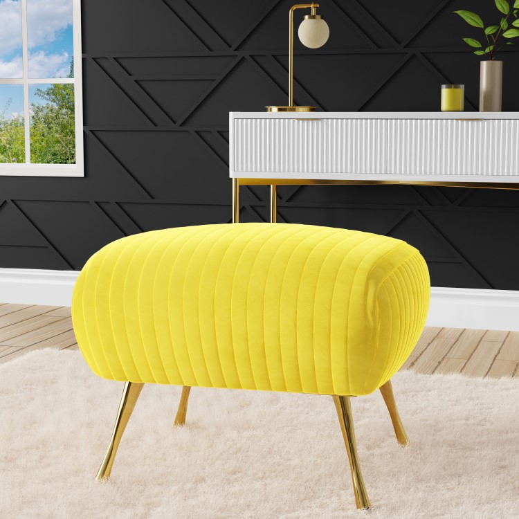 Yellow Velvet Pouffe Stool with Pleated Detail - Elle