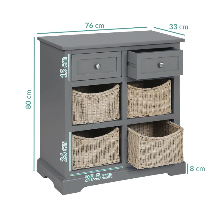 Elms Farmhouse Grey Shoe Cabinet Sideboard with Wicker Baskets