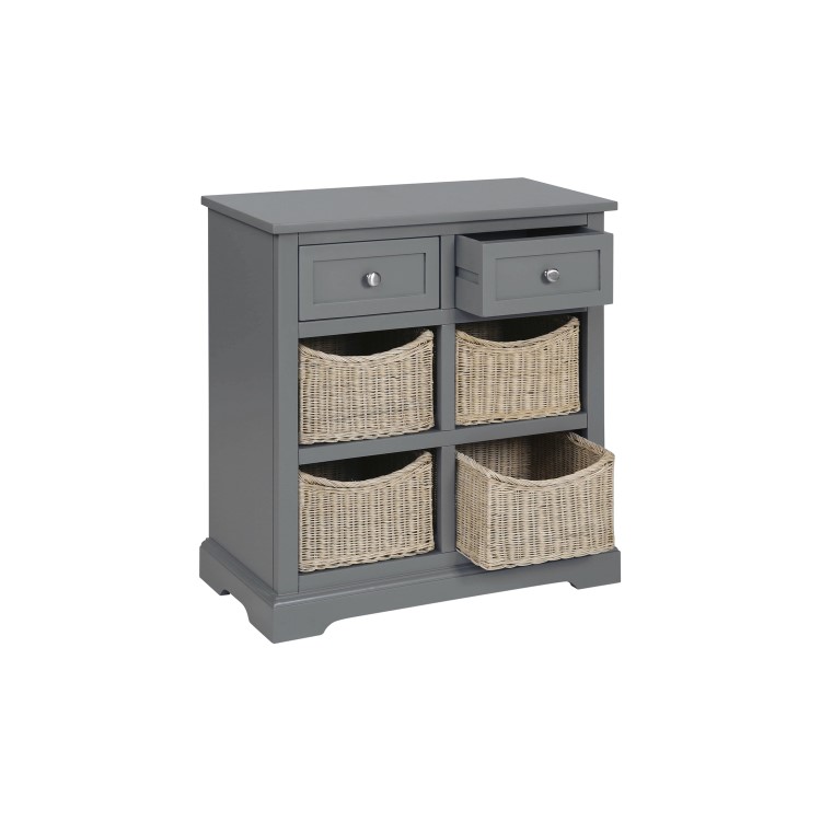 Elms Farmhouse Grey Shoe Cabinet Sideboard with Wicker Baskets