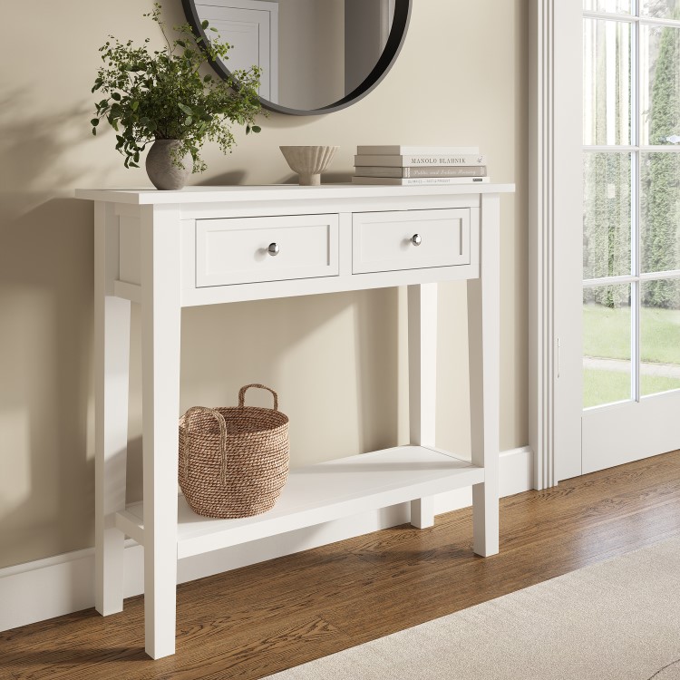 Small Narrow White Wood Console Table with Drawers - Elms