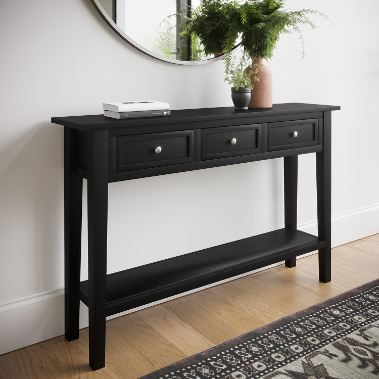 Large Narrow Black Wood Console Table with Drawers - Elms