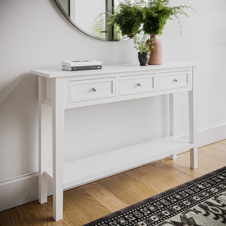ALMOST PERFECT - Large Narrow White Wood Console Table with Drawers - Elms