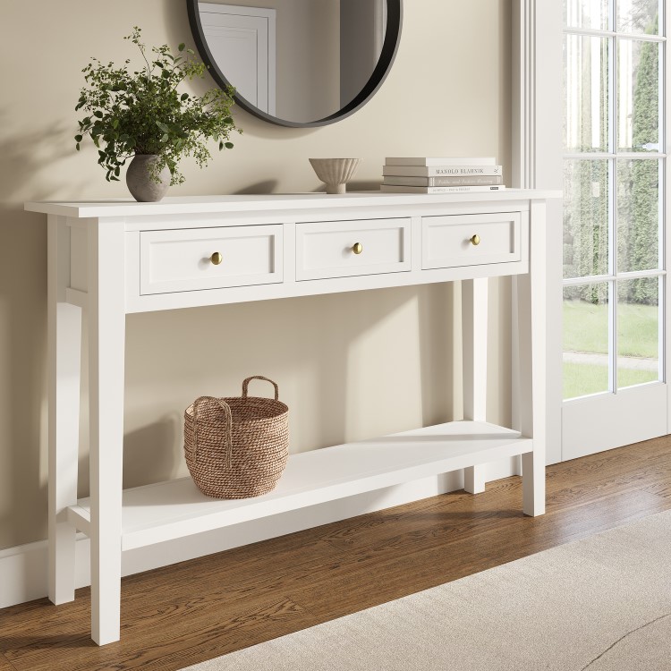 Large Narrow White Wood Console Table with Drawers - Elms