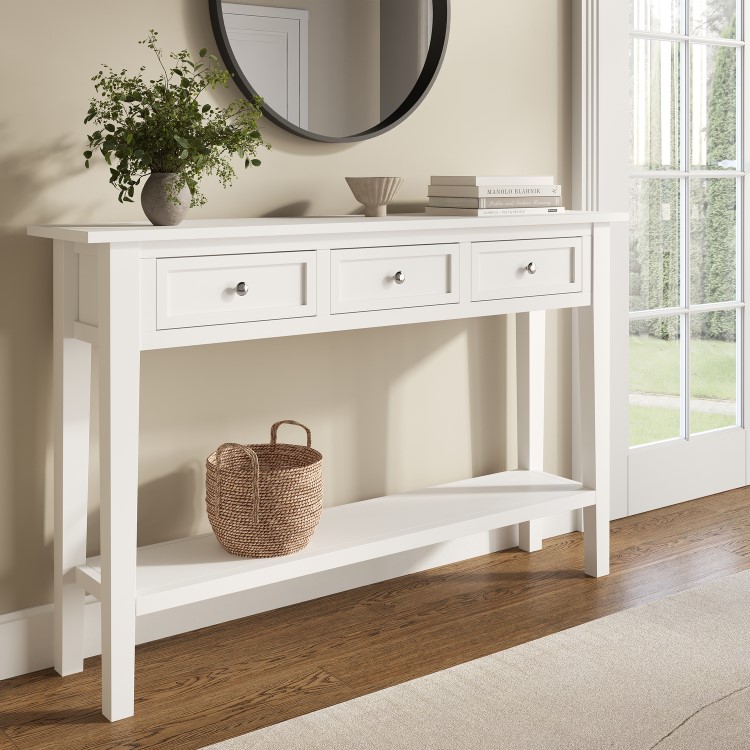 Large Narrow White Wood Console Table with Drawers - Elms