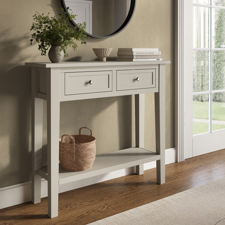Small Narrow Taupe Wood Console Table with Drawers - Elms