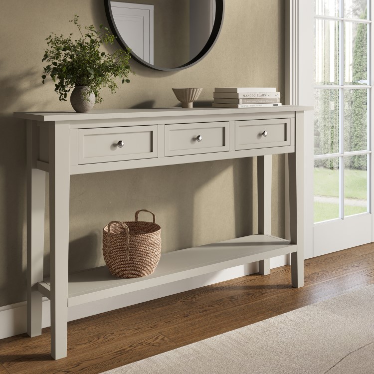 Large Narrow Taupe Wood Console Table with Drawers - Elms