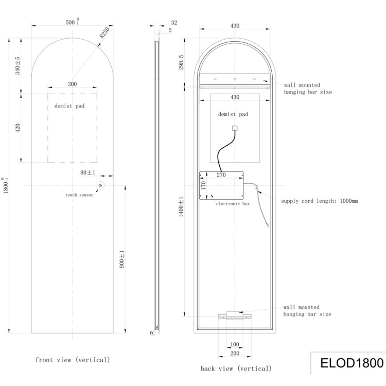 GRADE A1 - Arched Backlit Heated Tall Bathroom Mirror with Lights 500 x 1800mm - Elod