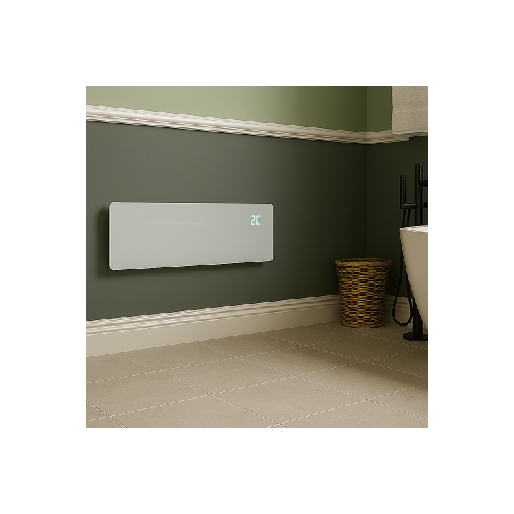 electriQ 750W Smart Slim Gloss White Glass Panel Heater Wall Mounted or Skirting Fitted Bathroom Safe Energy Efficient