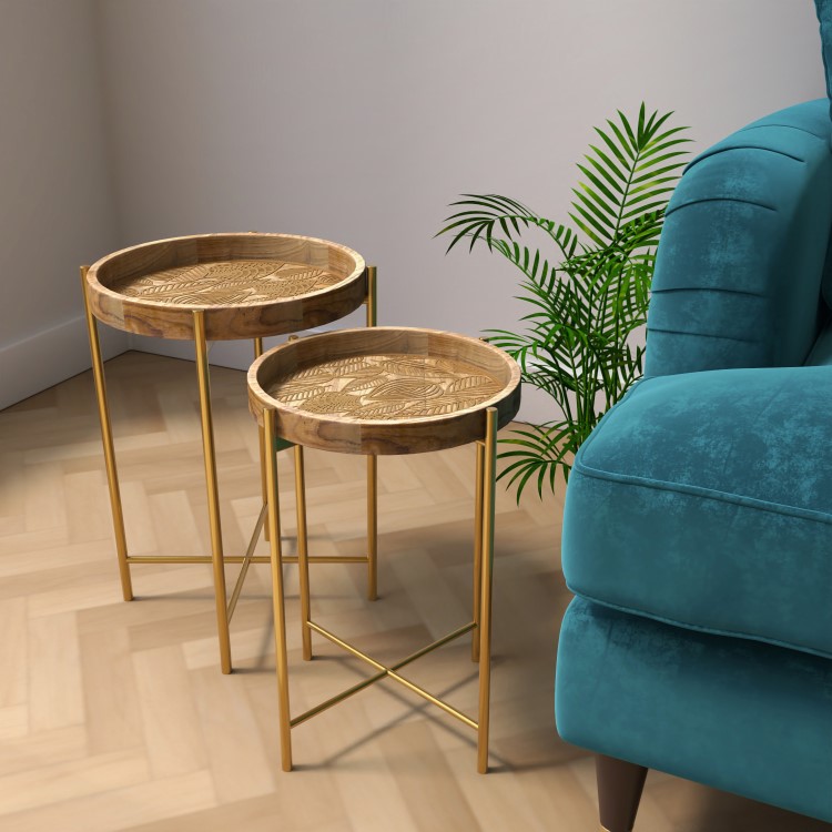 Set of 2 Wooden Side Table with Gold Legs - Elis