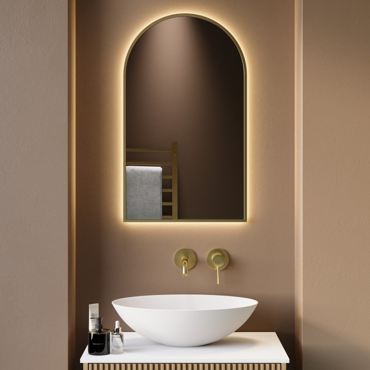 GRADE A1 - Arched Brass Backlit Heated Bathroom Mirror with Lights 500 x 800mm - Empire